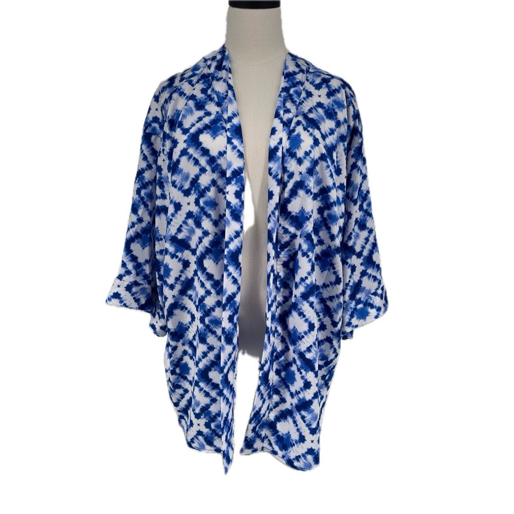 NWT Women's Slim Factor By Investments 1X Royal Tie Dye Kimono Topper Plus